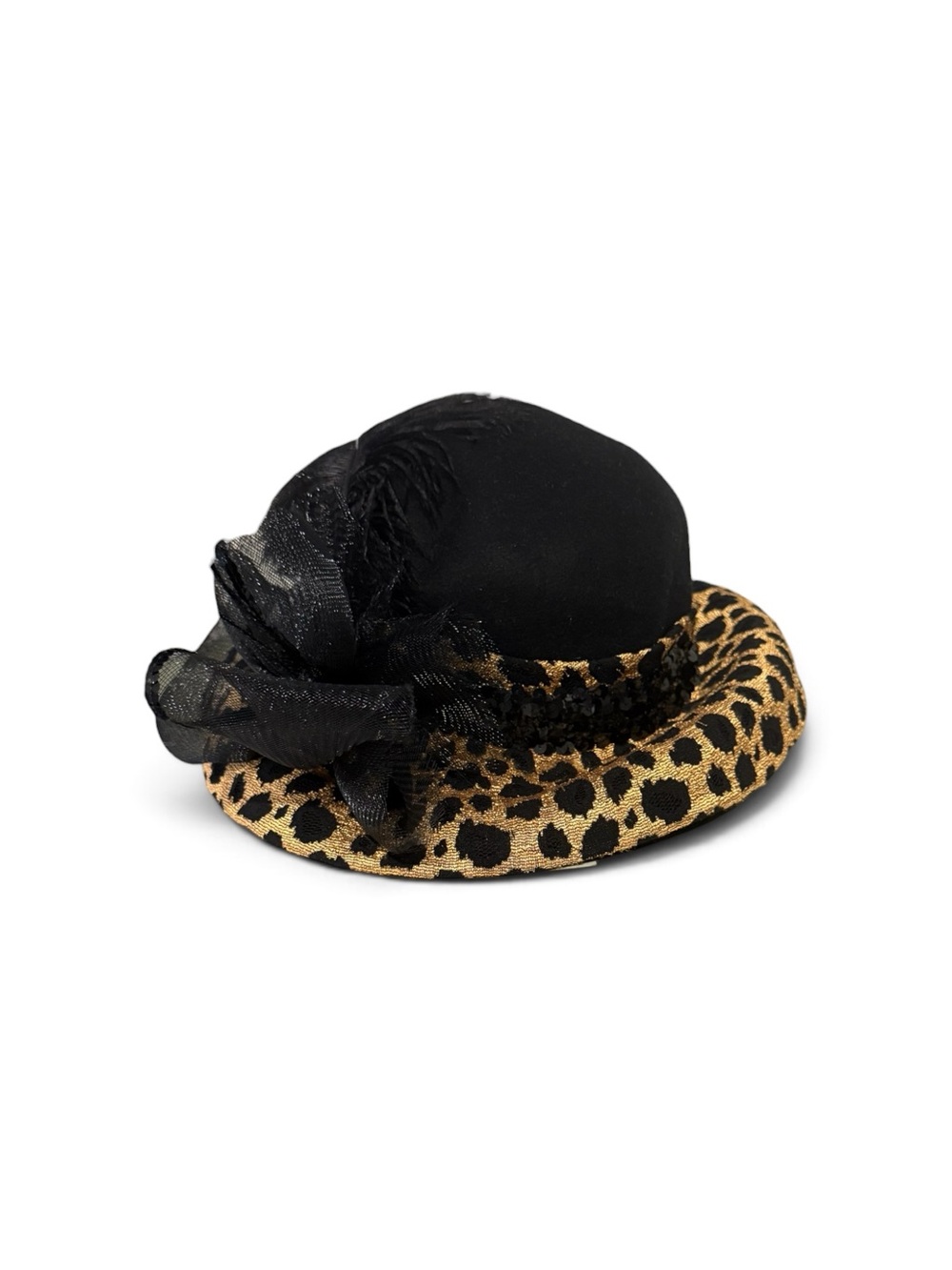 Patricia Underwood Vintage 2000s Black Wool Leopard Print Feather Hat USA